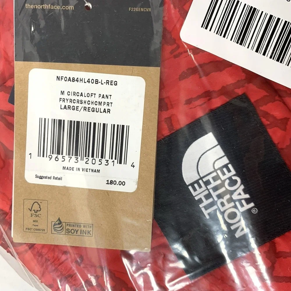 North Face Circaloft Pants Mens‎ L Red Print Insulated Packable Winter NEW w/TAG